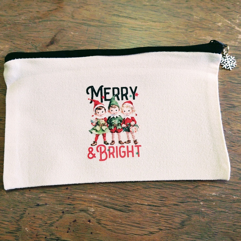 NEW SMALL CANVAS ZIPPER POUCH, COSMETIC BAG, MERRY & BRIGHT CHRISTMAS ELVES